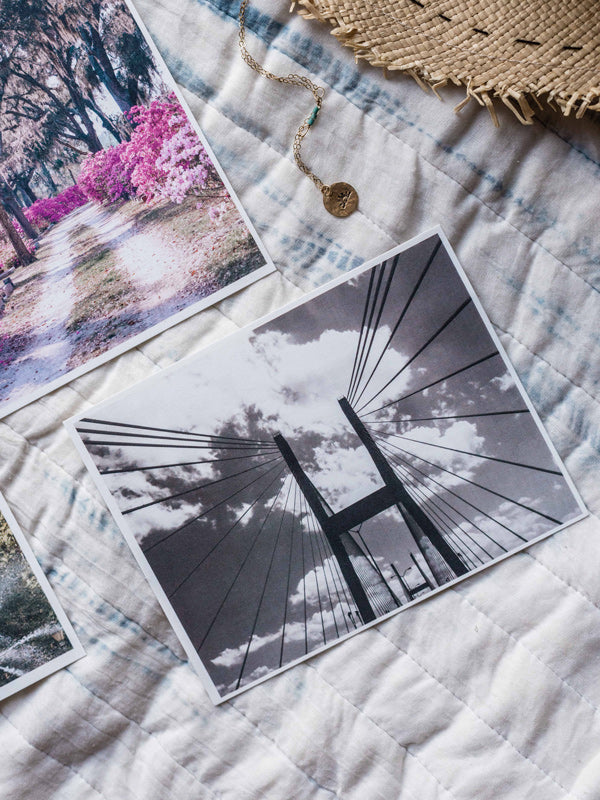 Talmadge bridge black and white Savannah postcard. Printed on 100% recycled paper. Photographed by Savannah photographer Kristen M. Brown of Samba to the Sea for The Sunset Shop.