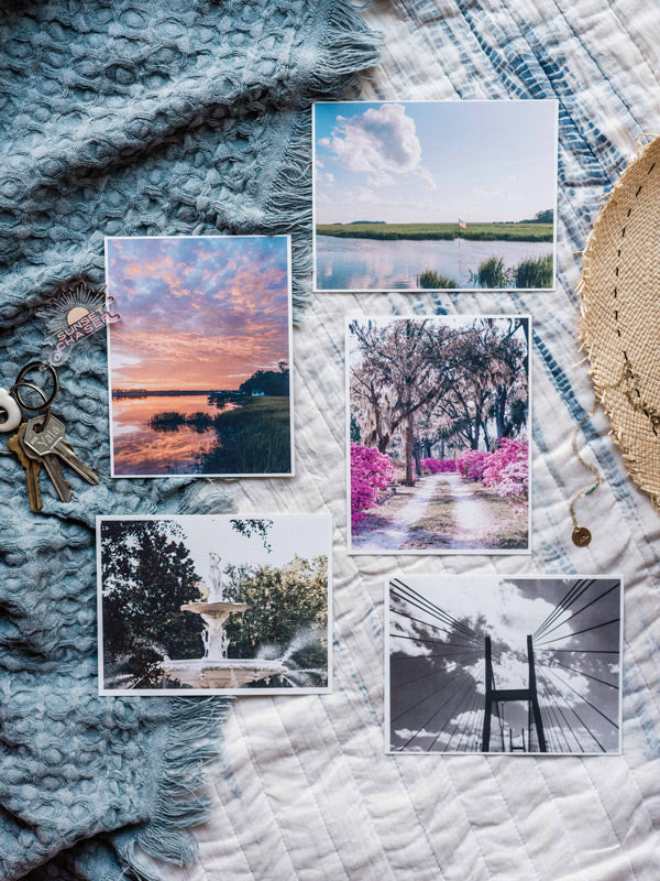 Savannah Georgia postcards. Printed on 100% recycled paper. Photographed by Savannah photographer Kristen M. Brown of Samba to the Sea for The Sunset Shop.