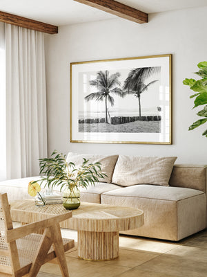 Spanish coastal living room with black and white palm tree and surfboards photography prints in Costa Rica. Fine Art Photos by Kristen M. Brown of Samba to the Sea for The Sunset Shop.