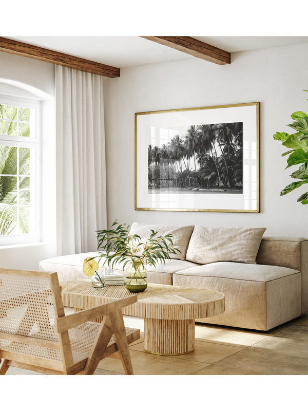 Spanish coastal living room with black and white palm trees and surfboards photography print Costa Rica. Fine Art Photos by Kristen M. Brown of Samba to the Sea for The Sunset Shop.