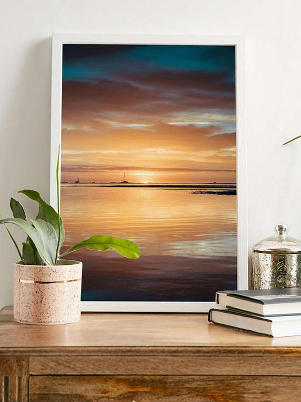 Summer of Love sunset print by Samba to the Sea at The Sunset Shop. Image is a golden sunset reflecting off the ocean in Tamarindo, Costa Rica. 