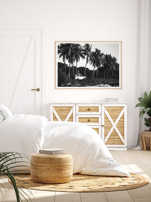 Tropical neutral bedroom with black and white photo print. "Surf Bandida" black and white photo print of surfer girl checking the surf with her vintage Toyota FJ40 Land Cruiser racked up with surfboards among the palm trees in Costa Rica. Photographed by Costa Rica photographer Kristen M. Brown of Samba to the Sea for The Sunset Shop.