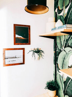 Surf print by Samba to the Sea. Wingnut from Endless Summer hanging five surfing in Tamarindo Costa Rica. Surf shack banana leaf surf print office.