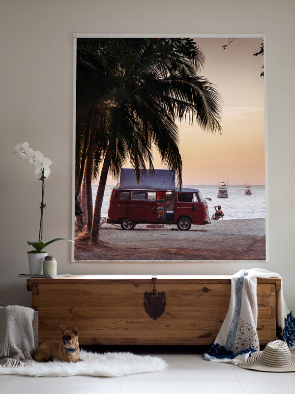 The Sunset Bus print by Samba to the Sea at The Sunset Shop. Photograph of a VW Bus on the beach in Tamarindo, Costa Rica during sunset.