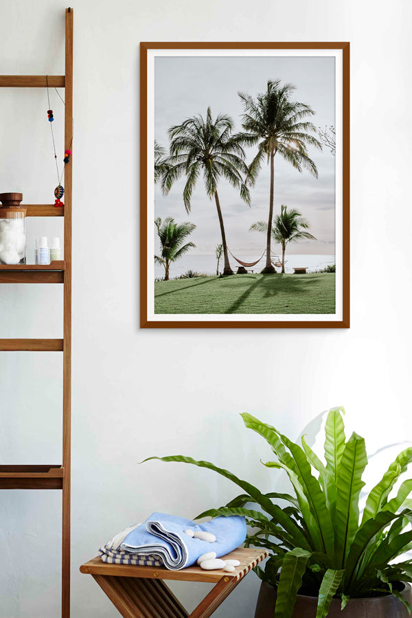 Ocean view hammocks under palm trees in Costa Rica. "Tropically Yours" beach print at The Sunset Shop by Samba to the Sea.