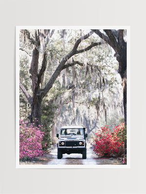 You just know that an adventure is calling when it's that time of year with Savannah's azaleas are vibrantly blooming. So hop on in to this dreamy white Land Rover Defender and experience the magic that is Savannah in full bloom. " 'Venture Rover" Land Rover photo print by Kristen M. Brown of Samba to the Sea for The Sunset Shop.