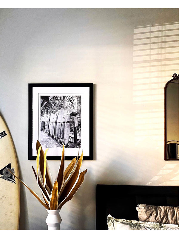 Surf shack bedroom with black and white surfboard photography print Costa Rica. Fine Art Photos by Kristen M. Brown of Samba to the Sea for The Sunset Shop.