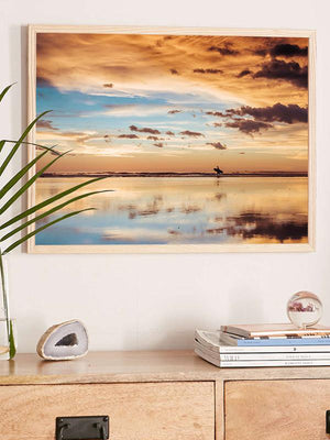 Framed sunset surf beach photo. Surfer walking on the beach during a beautiful sunset in Costa Rica. Sunset surfer print by Samba to the Sea at The Sunset Shop.