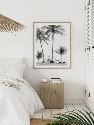 White boho coastal bedroom with black and white palm trees and hammocks photography print Costa Rica. Fine Art Photos by Kristen M. Brown of Samba to the Sea for The Sunset Shop.