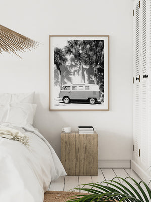 White boho tropical bedroom with black and white VW Bus photography print Florida. Fine Art Photos by Kristen M. Brown of Samba to the Sea for The Sunset Shop.