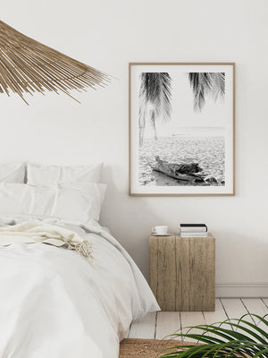 White boho tropical room with black and white palm tree photography print Costa Rica. Fine Art Photos by Kristen M. Brown of Samba to the Sea for The Sunset Shop.