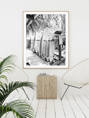 White boho tropical room with black and white surfboard photography print Costa Rica. Fine Art Photos by Kristen M. Brown of Samba to the Sea for The Sunset Shop.