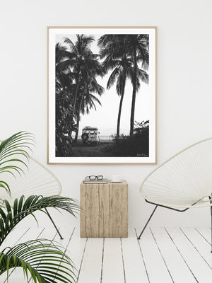 White boho tropical room with black and white vintage Land Cruiser palm trees photography print Costa Rica. Fine Art Photos by Kristen M. Brown of Samba to the Sea for The Sunset Shop.
