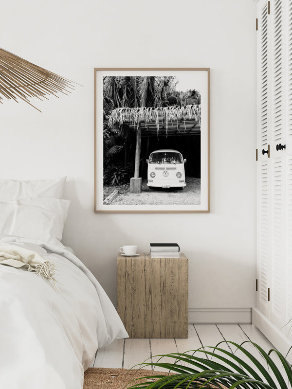 Life is simple - - surf 🏄🏼‍♀️ , jam 🎸, live life in a VW Van 🚌 . Channel those carefree, summertime vanlife beach days at home with this palm trees VW bus print.  Black & White VW bus wall art print White VW bus art print "Pura Vida Bus" photographed in Nosara, Costa Rica. By Kristen M. Brown of Samba to the Sea for The Sunset Shop.