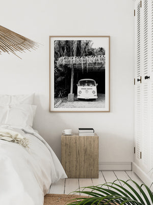 White boho tropical room with black and white VW Bus photography print Costa Rica. Fine Art Photos by Kristen M. Brown of Samba to the Sea for The Sunset Shop.