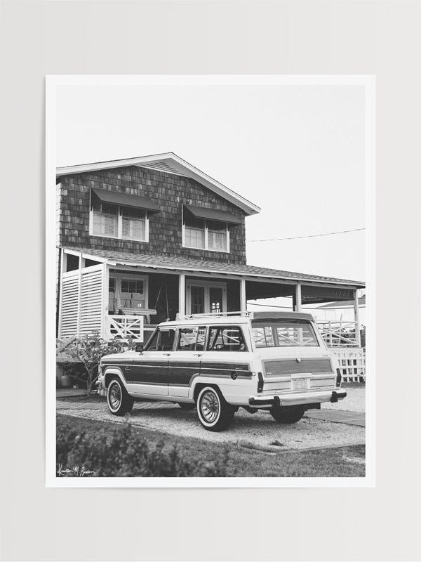 The Jeep that started an entire culture of Jeep lovers -- the Wagoneer! Welcome back to that amazing family beach vacation, all from the comfort of your smart home...wherever that smart home may be with this B&W photo print "Wrightsville Wagoneer".  Photographed by Kristen M. Brown of Samba to the Sea for The Sunset Shop.