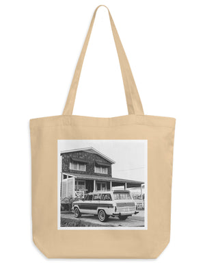 Organic cotton eco friendly photo tote of vintage Jeep Wagoneer Woody. Carry your stuff and show off your style with your eye for beautiful photography - yes please! This spacious tote fits your favorite Saturday market goodies, your surf / beach day gear, and so much more. Available at The Sunset Shop.
